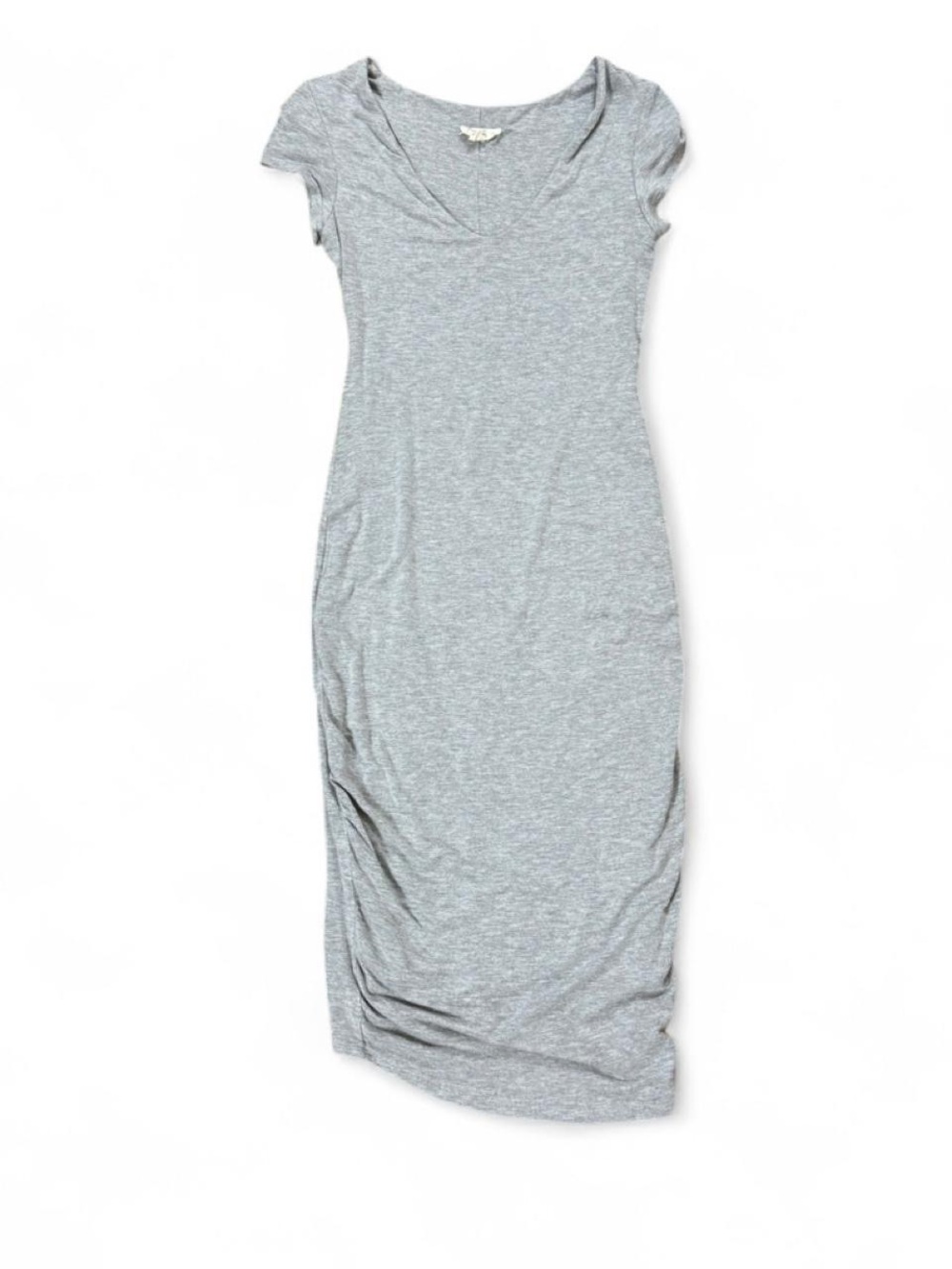 Gray Soft Jersey V-Neck Bodycon Midi Dress Cap Sleeve Ruched Size M